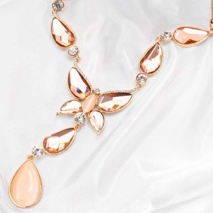 CRYSTAL BUTTERFLY Peach Nude Gold Necklace Gold Butterfly and Peach Nude Rhodium Crystal Y Pendant Necklace