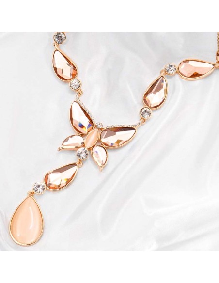 Collier CRYSTAL BUTTERFLY Peach Nude Gold Sautoir pendentif en Y Papillon Doré et Pêche Nude Rhodium Cristal